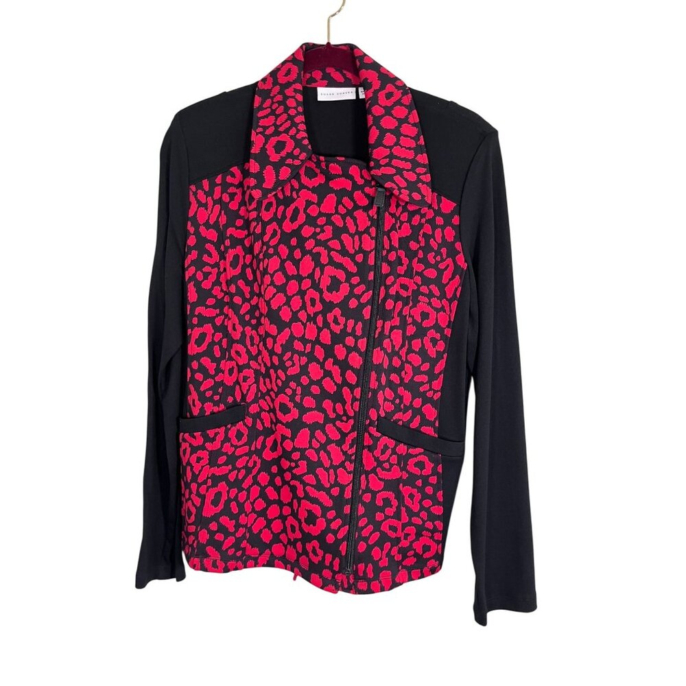 Susan Graver Jacket Women M‎ Black Active Sporty Animal Print Safari Mature 80s